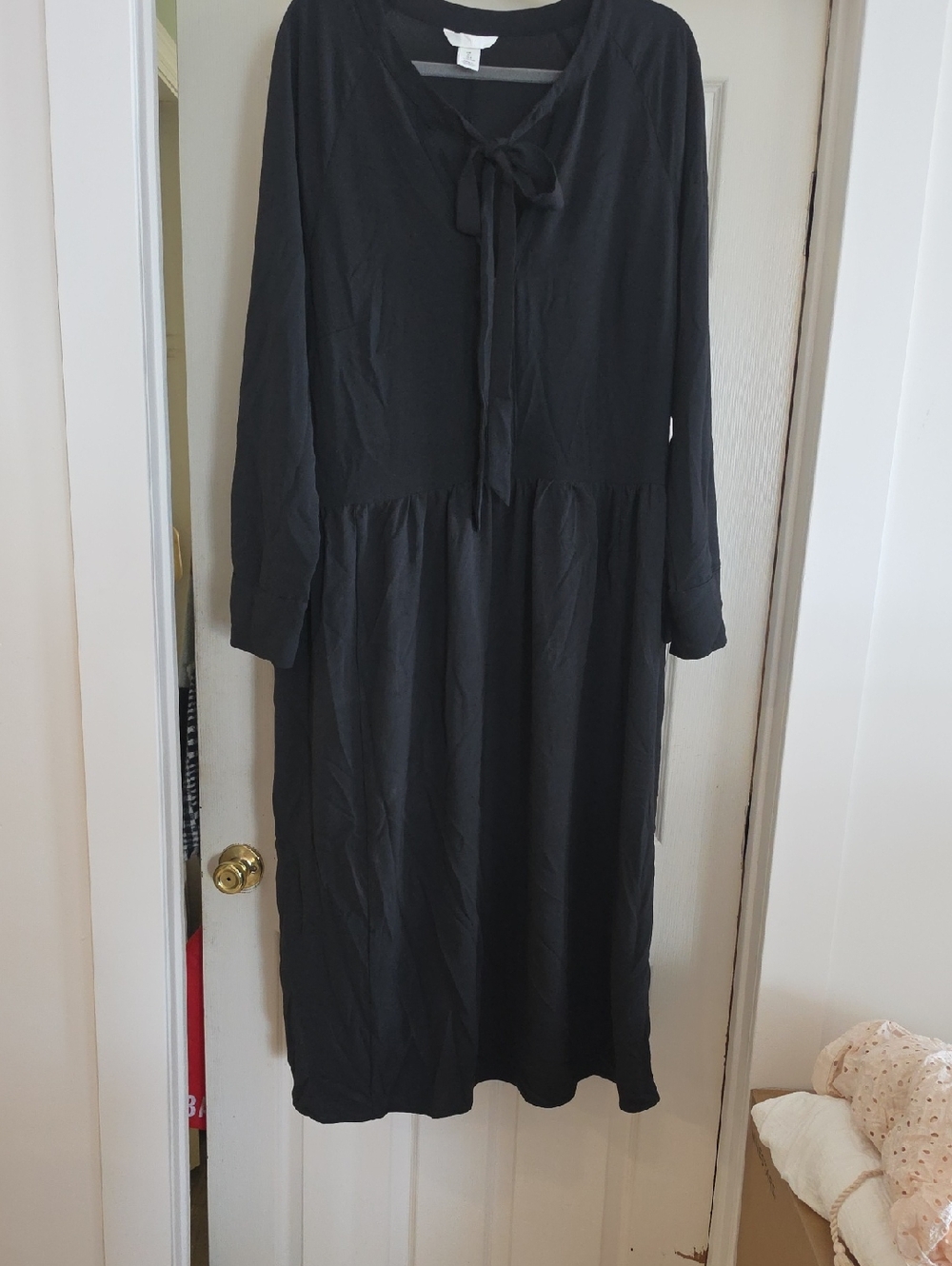H&M Black Long-Sleeve Tie-Neck Midi Dress